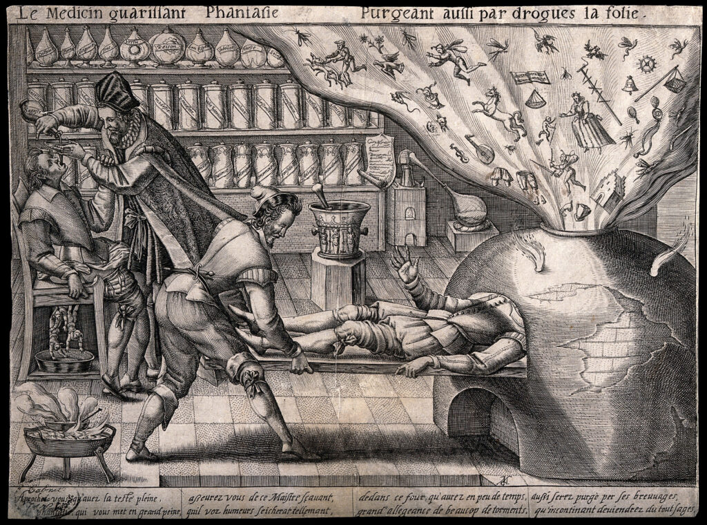Fig. 11. A surgery where all fantasy and follies are purged and good qualities are prescribed. Line engraving by M. Greuter, c. 1600. Source: Wellcome Collection.
